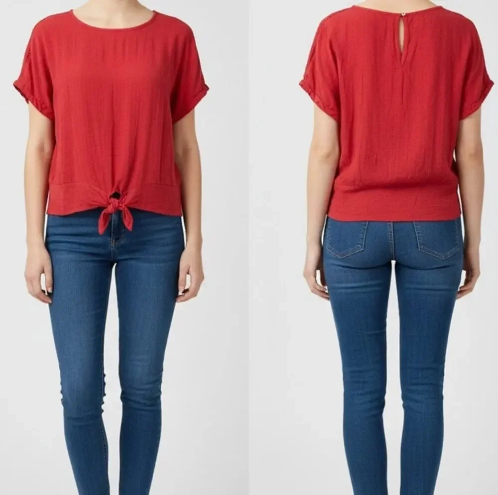 Buffalo David Bitton Womens Large Red Cap Sleeve Tie Waist Top 100% Viscose - Picture 1 of 12